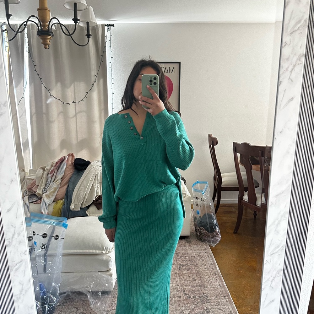 Anthropologie Emerald Green Knit Sweater + Skirt Set